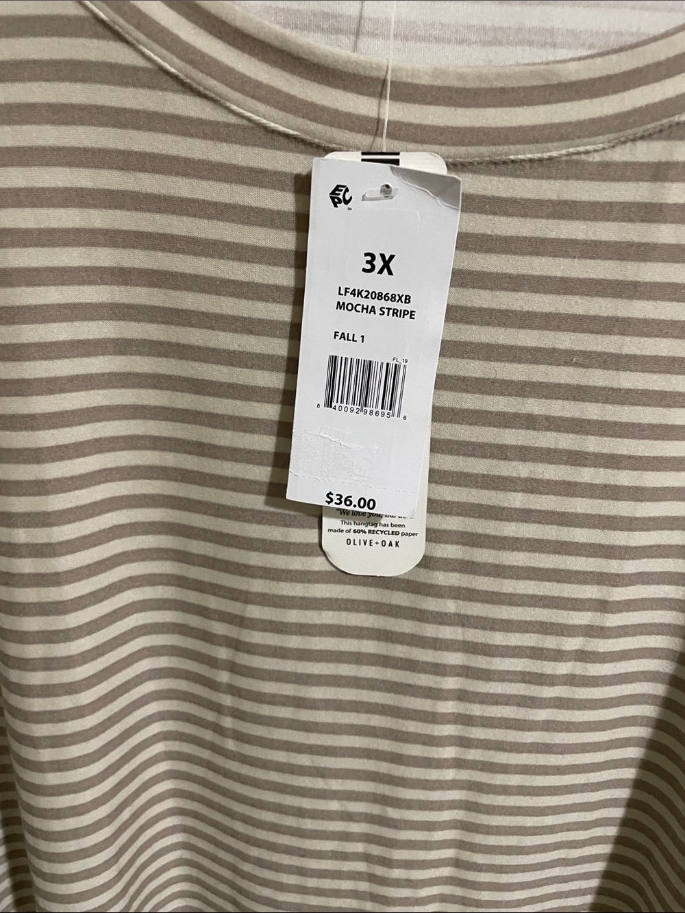 Olive & Oak Women's Beige and White Striped Long Sleeve Scoop Neck Top - Picture 3 of 4